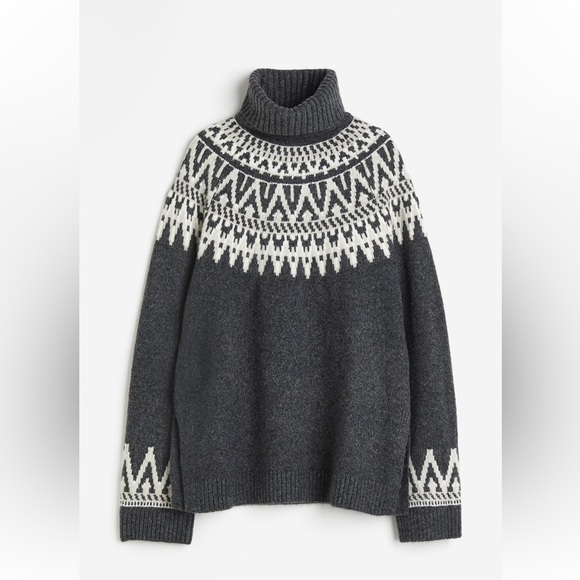 H&M Jacquard-knit polo-neck jumper - Dark grey/Patterned Oversized Size S - Picture 1 of 7